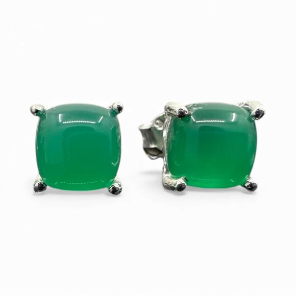 Natural Green Onyx Cabochon Stud Earrings 925 Sterling Silver Handmade - Picture 3 of 5